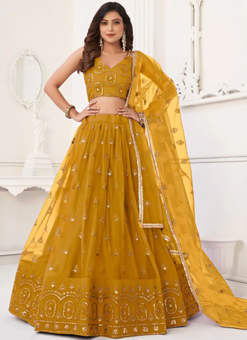 Haldi Function Special Yellow Embroidery Work Net Lehenga Choli